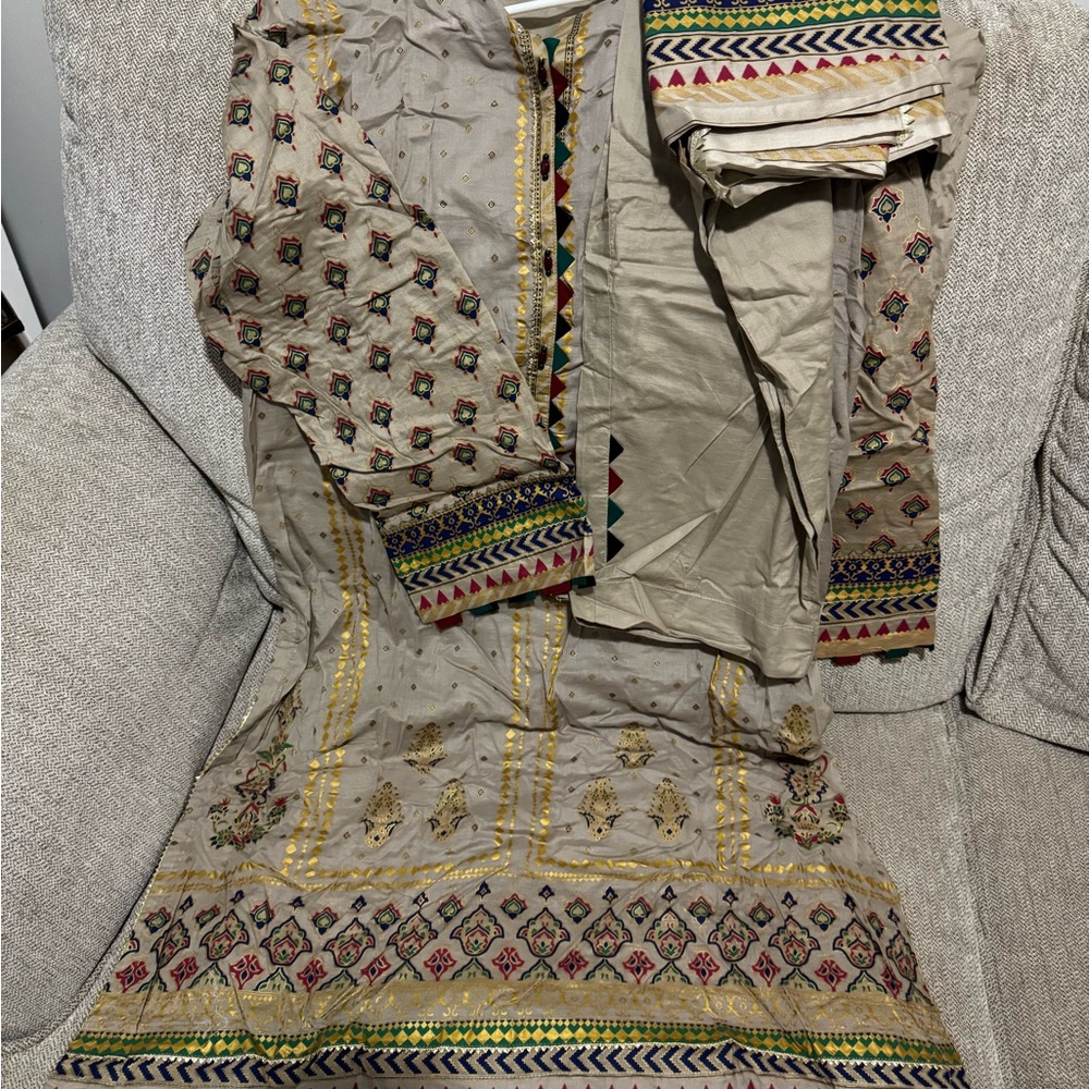 Embroidered Beige and Multicolor Traditional Outfit
